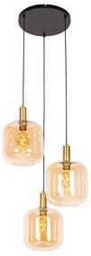 Designerska lampa wisząca czarna z mosiądzem i bursztynowym szkłem 3-światłowa - ZuzannaDesignerski Oswietlenie wewnetrzne