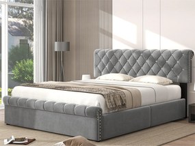 Łóżko ze schowkiem 140 x 200 cm z regulowanym zagłówkiem - aksamit - stelaż listwowy - styl skandynawski - szary