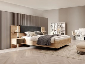 Łóżko ze skrzynią i szafkami nocnymi 140 x 190 cm - Z oświetleniem LED - Naturalny i antracytowy + Materac - ELYNIA