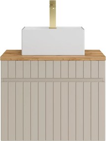 Wisząca szafka łazienkowa prążkowana beżowa z umywalką nablatową kwadratową i baterią – 60 cm – SATARA
