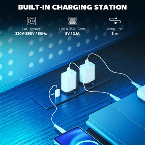 HOMCOM Biurko gamingowe w kształcie L z LED i gniazdami, z podwójnym uchwytem na monitory, 165x80x91,5 cm, czarna imitacja drewna | Aosom PL