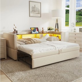 Sofa rozkładana z rozkładaną sofą - 2 x 90 x 190 cm - Schowek + LEDy + gniazda ładowania - Drewno lite - beż