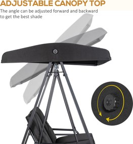 Outsunny Huśtawka Hollywood, 2-osobowa Ogrodowa z Regulowanym Dachem, do 220 kg, 145 x 116 x 172 cm, Czarna