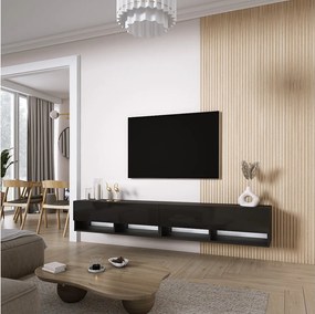 Szafka pod telewizor 200 (2 x 100) cm Czarny Mat / Czarny Połysk, LED biały, 200 × 32 × 34 cm