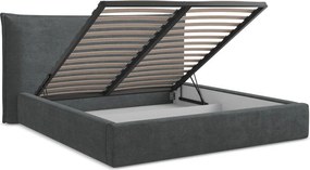 Ciemnoszare tapicerowane łóżko dwuosobowe ze schowkiem ze stelażem 160x200 cm Esala – Makamii