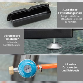 Outsunny Grill gazowy z 2 palnikami, wąż, płyta do grilla nieprzywierająca, stal nierdzewna, Kolor: Srebrny, 48,5 x 46 x 21 cm