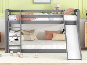 Łóżko piętrowe dwuosobowe, 2x90x200cm ze zjeżdżalnią i barierką, rama sosnowa, w zestawie stelaż z listew, kolor szary
