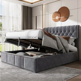 Łóżko z pojemnikiem 140 x 200 cm - Tapicerowany zagłówek z ćwiekami - Szary aksamit - Materac nie jest wliczony w cenę