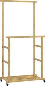 HOMCOM Wieszak na kółkach, wieszak z drążkiem, półka na buty, z bambusa, 80 x 40 x 160 cm, naturalny | Aosom PL