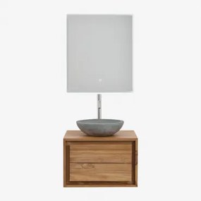 Zestaw Wiszących Mebli Łazienkowych Z Drewna Tekowego Jabari Drewno Tekowe & Okrągły Szary Cement Ø40 Cm - Sklum