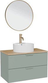 Wisząca szafka łazienkowa z okrągłą umywalką nablatową, baterią i lustrem – Szałwiowa zieleń – S80 cm – AVORELI