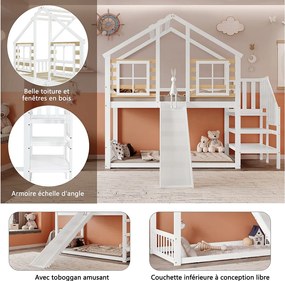 Łóżko piętrowe dla dzieci - 2 x 90 x 200 cm - ze schodami + zjeżdżalnią + oknem - łóżko kabinowe - drewno + MDF - białe