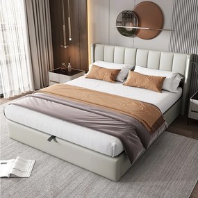 Łóżko binauralne z regulowanym zagłówkiem i schowkiem - 180 x 200 cm - skóra ekologiczna - diody LED i USB - białe (materac nie jest wliczony w cenę)