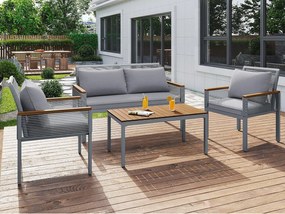 Zestaw mebli ogrodowych ze stali dla 4 osób - sofa, 2 fotele i stolik kawowy - ozdobiony rattanem PE i drewnem akacjowym - Szary