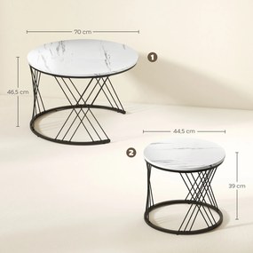 HOMCOM Okrągłe stoły kawowe w zestawie 2 szt., marmurowa powierzchnia, płyta wiórowa, metal, łatwość w przechowywaniu, Biały