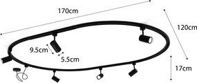 Nowoczesny system oświetlenia szynowego z 6 czarnymi reflektorami, 1-fazowy, owalny 100 cm - Iconic Jeana