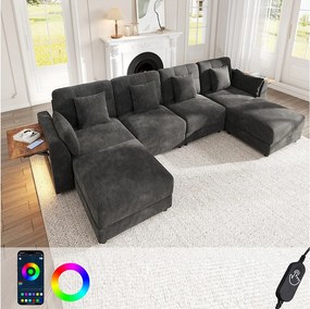 Modułowa sofa narożna 6-osobowa z 2 wyjmowanymi pufami, oświetleniem LED i składanym stolikiem bocznym - Chenille - 292 x 135 x 82 cm - Szara