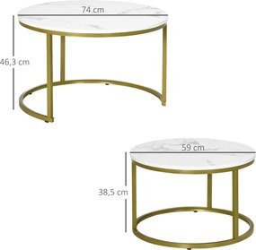 HOMCOM Zestaw Stolików Pomocniczych, 2 Stoliki, Ø74 &amp; Ø59 cm, Wygląd Marmuru, Rama w Kolorze Złota