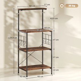 HOMCOM Regał kuchenny, 4-poziomowy design, powierzchnia robocza, 8 haczyków, metalowe rury, brązowy+czarny