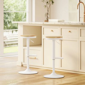 HOMCOM Stołki barowe 2 szt., regulowane, obrotowe 360° z ramą stalową i podnóżkiem 38,5x38,5x60-80 cm Drewno naturalne+Biały | Aosom PL