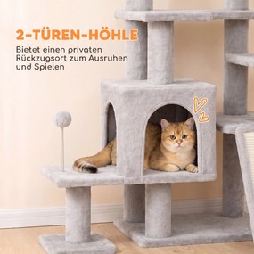 PawHut Duży drapak, 152 cm wysokości, drzewko dla kota ze słupkami do drapania, jaskinia z 2 wejściami, 3 piłeczki, hamak, do 6 kg, jasnoszary | Aosom PL