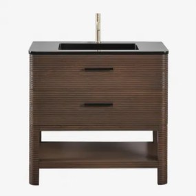 Zestaw Mebli Łazienkowych Z Drewna Z Wbudowaną Umywalką Misene Ciemna Czerń & Bezlusterkowiec & - Sklum