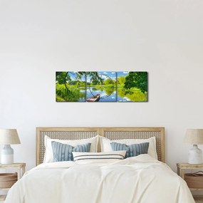 Obraz letniej rzeki z łodzią (z zegarem) (90x30 cm)