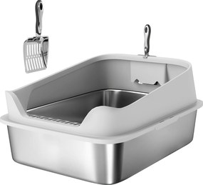 PawHut Kuweta ze stali nierdzewnej otwarta z łopatką, wysokie ścianki dla dużych kotów do 12 kg, 69,8 x 50,3 x 29,8 cm, Szara | Aosom PL