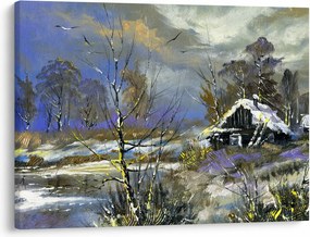Obraz chaty w zimowym krajobrazie, obraz olejny (70x50 cm)
