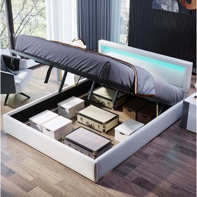 Łóżko z pojemnikiem 140x200 cm - Łóżko dla dorosłych z zagłówkiem Łóżko i stelaż - oświetlenie LED - biały poliuretan