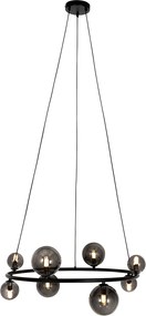 Czarna lampa wisząca z przydymionym okrągłym szkłem 8-świateł - Monaco