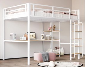 Łóżko mezzanine metalowe 140x200 cm - z biurkiem i drabiną bezpieczeństwa - Białe