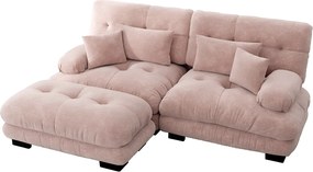 Różowa sofa 2-osobowa - Narożnik z 2 poduszkami lędźwiowymi i 2 poduszkami dekoracyjnymi - Podłokietniki i podnóżek - Szenil
