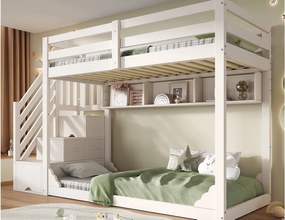 Łóżko piętrowe 90x200cm - z drabiną z pojemnikami i półkami - z 2 szufladami - Lite drewno + płyta wiórowa - Biały​ (bez materaca)
