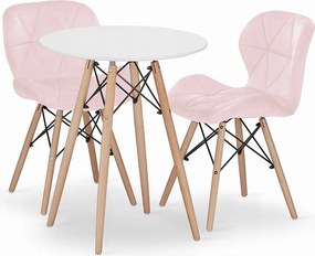 Zestaw obiadowy Valora | Okrągły stół KOVA 60 cm, biały + 2 różowe krzesła WAKO