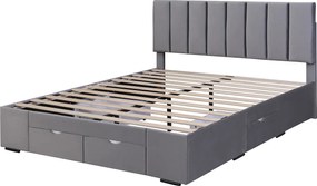 Łóżko dwuosobowe tapicerowane welurem 160x200cm z 4 szufladami + regulowane wezgłowie + stelaż na listwy - Szare