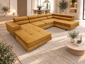 Duża sofa narożna z regulowanymi zagłówkami i pojemnikiem na pościel, złoty/musztardowy, Aspen U, prawy