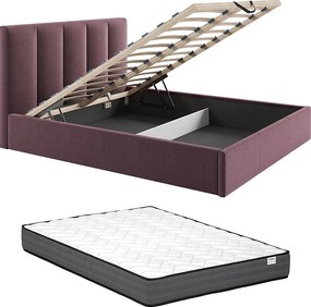 Łóżko ze skrzynią 160 x 200 cm z zagłówkiem z pionowymi przeszyciami - Tkanina - Bordowy + Materac - KILACLO