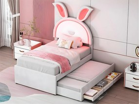 Łóżko dziecięce 90x200cm z weluru - łóżko z wysuwanym drugim łóżkiem z 3 szufladami i kolorowymi światłami LED - Beżowe