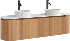 Wisząca szafka łazienkowa ryflowana z podwójną okrągłą umywalką nablatową ryflowaną i baterią – Jasny naturalny – S180 cm – LILIKO