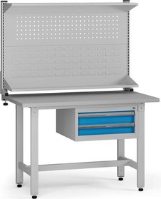 Stół warsztatowy z regulacją wysokości G5 z panelem, 1200 x 750 x 800-1000 mm, 1x kontener, 2x szuflada, niebieski
