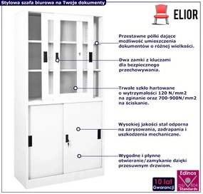 Biała szafa biurowa na klucz z witryną - Fenek