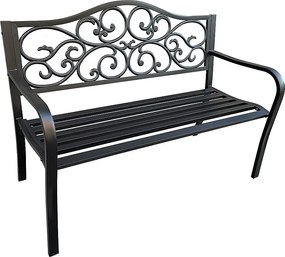 Czarna ławka ogrodowa IRGA ze stalowymi nogami i żeliwnym oparciem szerokość 127 cm