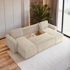 Masseno Narożnik PESANO z funkcją spania i pojemnikiem na pościel Narozniki U, Rozkładana sofa - Kremowy, TILIA 03