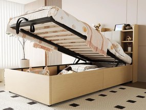 Łóżko z pojemnikiem z drewna 90×200 cm - zagłówek ze schowkiem - z portami USB + Type-C - naturalne (materac nie jest dołączony)