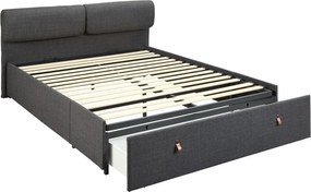 Ciemnoszare tapicerowane łóżko dwuosobowe ze schowkiem i stelażem 160x200 cm Calvi – Actona