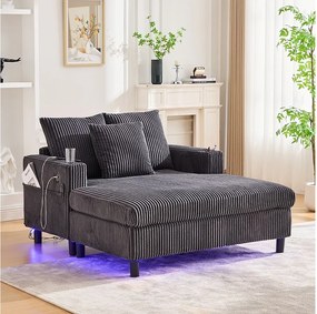 Sofa lounge z ciemnoszarego pluszu z portem USB, oświetleniem LED i uchwytami na kubki
