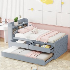 Łóżko wysuwane 90x190 cm - szare - łóżko pojedyncze z ładowarką USB - 2 szuflady - bez materaca