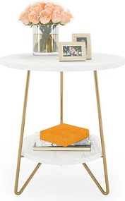 Dwupoziomowy stolik boczny z marmuru sztucznego, okrągły stolik boczny z półkami, nowoczesny złoty stolik nocny, biel i złoto