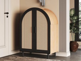Szafa na buty 70×40×100 cm - wypukły front - 2 drzwi z rattanu - 3 półki - naturalny + czarny